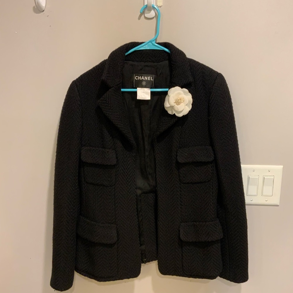 Chanel Black Textured Blazer with White Flower Accent